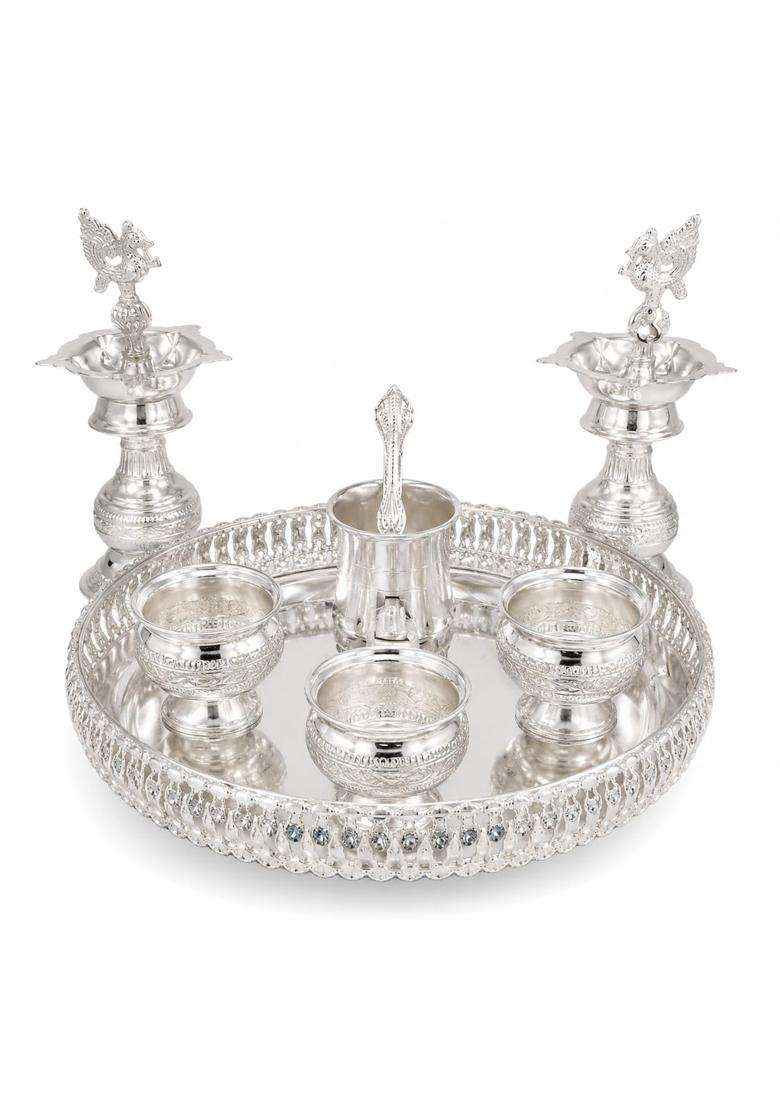 Sgr Handicrafts German Silver Pooja Thali Set with 10 Inch Plate 3 Bowls Udarini Glass and Spoon - Indya