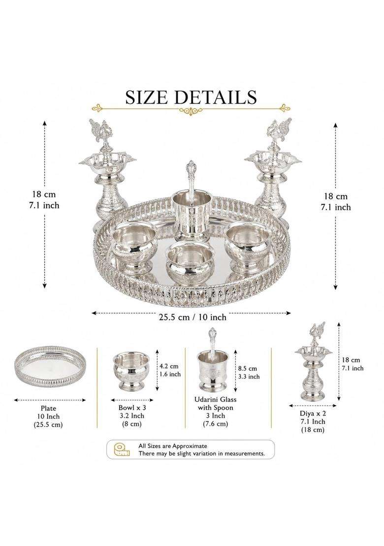 Sgr Handicrafts German Silver Pooja Thali Set with 10 Inch Plate 3 Bowls Udarini Glass and Spoon - Indya
