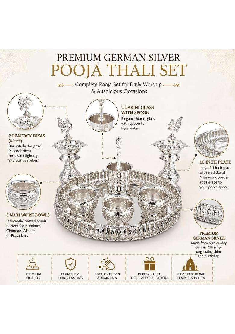 Sgr Handicrafts German Silver Pooja Thali Set with 10 Inch Plate 3 Bowls Udarini Glass and Spoon - Indya