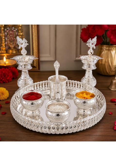 Sgr Handicrafts German Silver Pooja Thali Set with 10 Inch Plate 3 Bowls Udarini Glass and Spoon