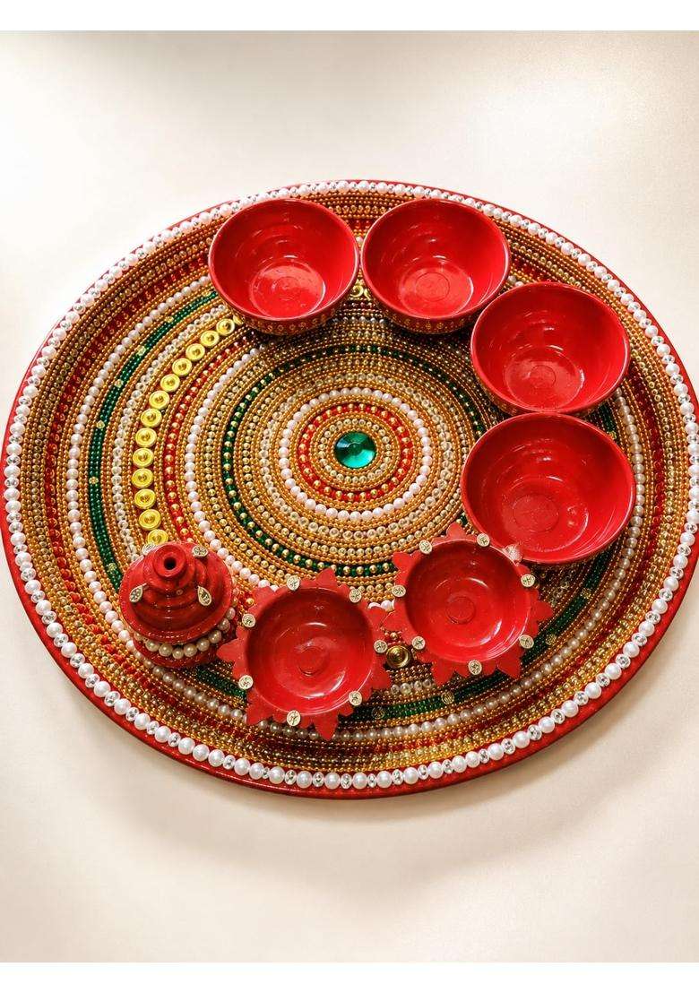 Smita Creations Red Kundan Pooja Thali Pooja Thali Set - Indya