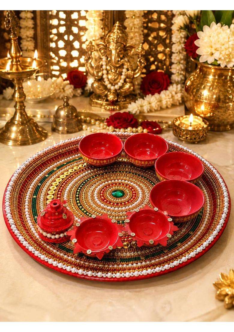 Smita Creations Red Kundan Pooja Thali Pooja Thali Set - Indya