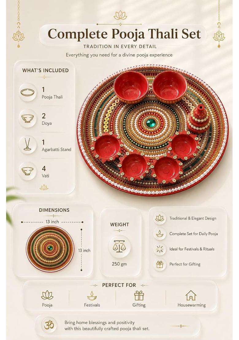 Smita Creations Red Kundan Pooja Thali Pooja Thali Set - Indya