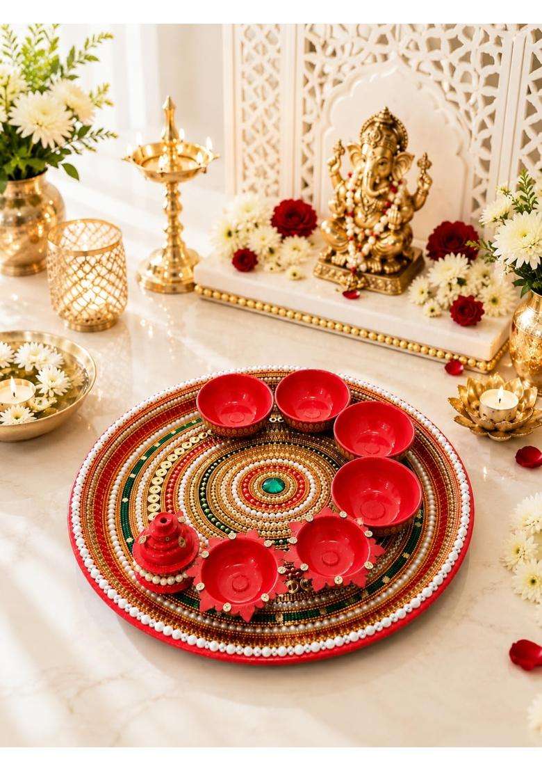 Smita Creations Red Kundan Pooja Thali Pooja Thali Set - Indya