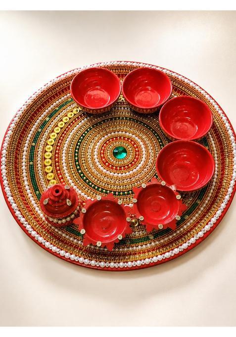 Smita Creations Red Kundan Pooja Thali Pooja Thali Set
