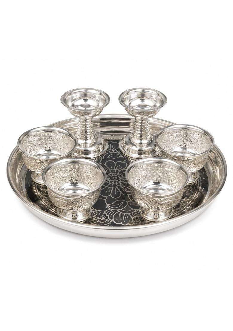 Sgr Handicrafts German Silver Pooja Thali Set 7 Pieces - Indya