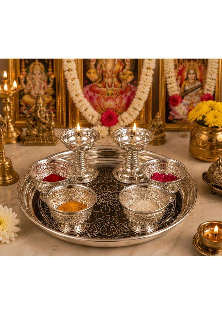 Sgr Handicrafts German Silver Pooja Thali Set 7 Pieces - Indya