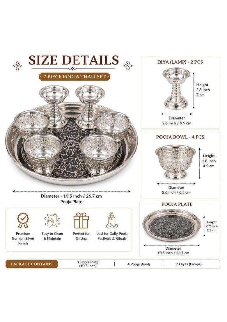 Sgr Handicrafts German Silver Pooja Thali Set 7 Pieces - Indya