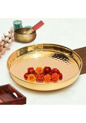 Pure Source India Brass Hammered Thali Tray Pooja Thali Gold Round 10 Inch Pack of 1