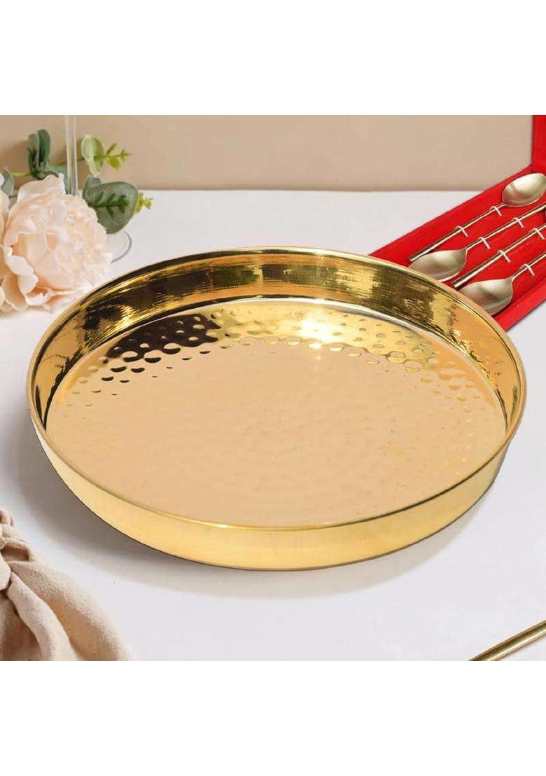 Pure Source India Brass Hammered Thali Tray Pooja Thali Gold Round 10 Inch Pack of 1 - Indya