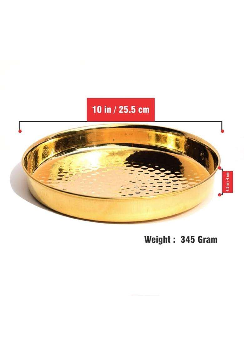 Pure Source India Brass Hammered Thali Tray Pooja Thali Gold Round 10 Inch Pack of 1 - Indya