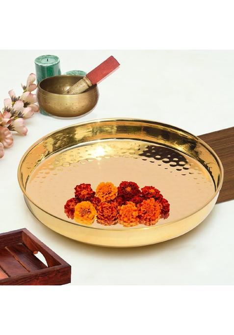 Pure Source India Brass Hammered Thali Tray Pooja Thali Gold Round 10 Inch Pack of 1