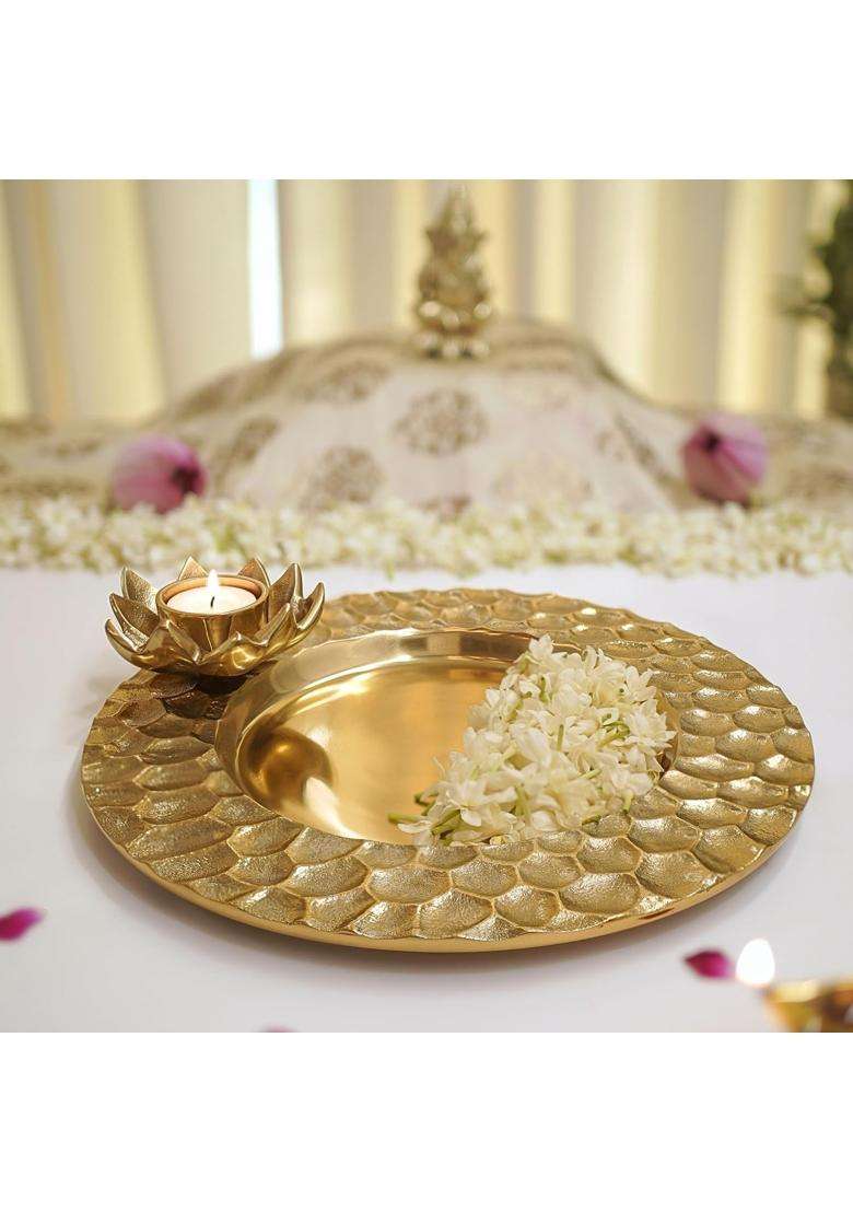 Behoma Golden Lotus Tray with Tea Light Holder 30CM - Indya