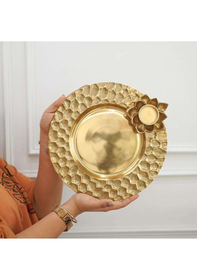Behoma Golden Lotus Tray with Tea Light Holder 30CM - Indya