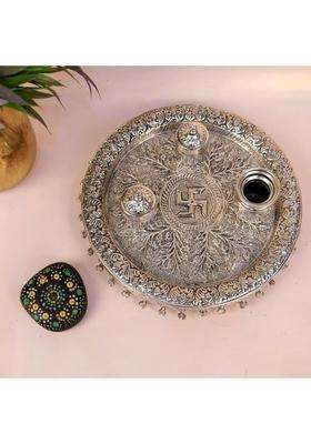 Kalico Traditional Silver Plated Pooja Thali Set 23 CM Decorative Worship Plate with Bowls and Spoons