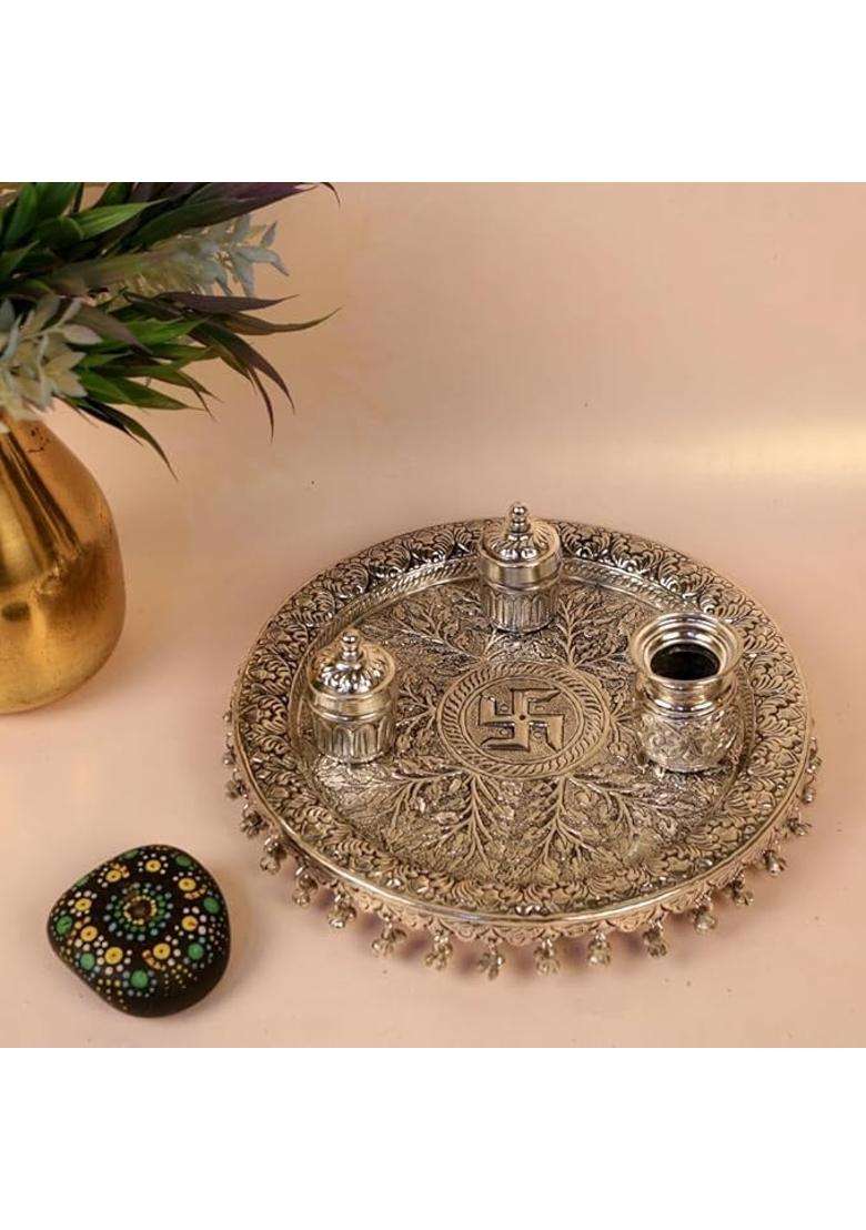 Kalico Traditional Silver Plated Pooja Thali Set 23 CM Decorative Worship Plate with Bowls and Spoons - Indya