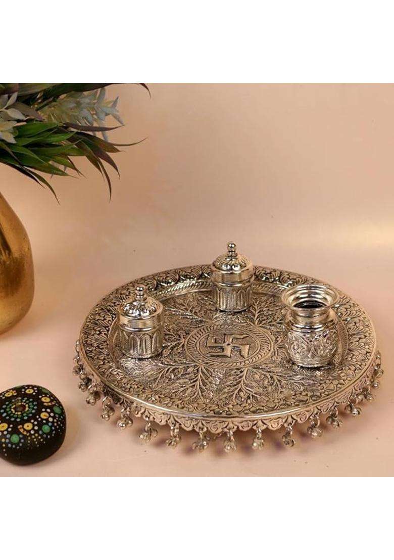 Kalico Traditional Silver Plated Pooja Thali Set 23 CM Decorative Worship Plate with Bowls and Spoons - Indya