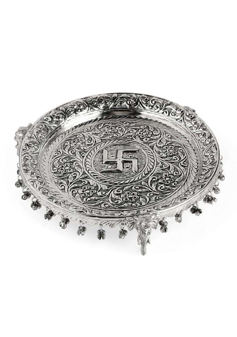 Kalico Traditional Silver Plated Pooja Thali Set 23 CM Decorative Worship Plate with Bowls and Spoons - Indya