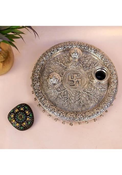 Kalico Traditional Silver Plated Pooja Thali Set 23 CM Decorative Worship Plate with Bowls and Spoons