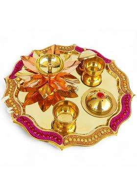 Indian ART Villa Brass Red Beaded Design Pooja Thali Aarti Thali for Home Temple Spiritual Gift Item Pack of 1