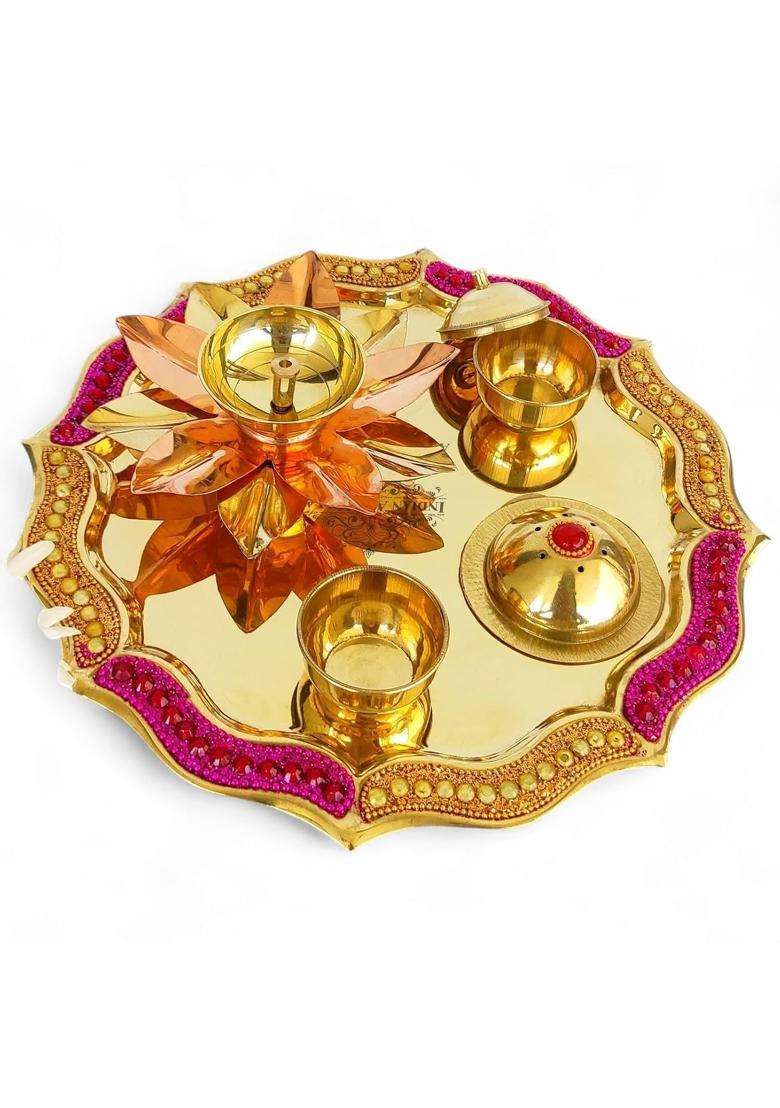 Indian ART Villa Brass Red Beaded Design Pooja Thali Aarti Thali for Home Temple Spiritual Gift Item Pack of 1 - Indya