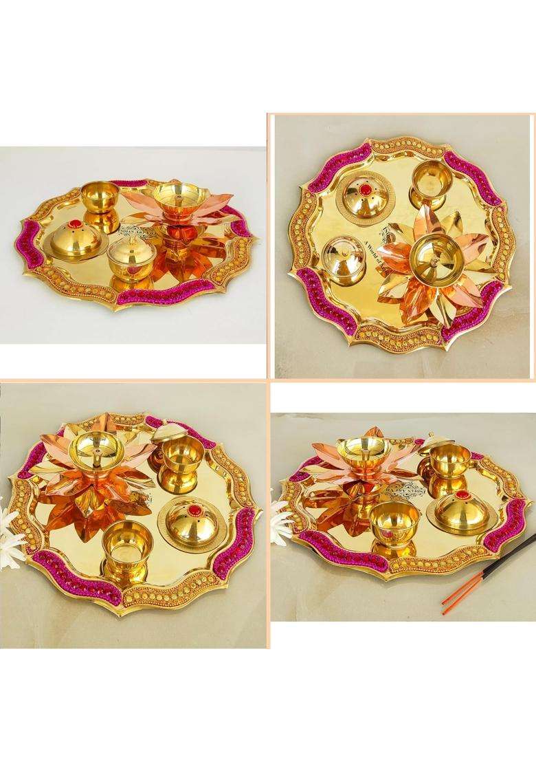 Indian ART Villa Brass Red Beaded Design Pooja Thali Aarti Thali for Home Temple Spiritual Gift Item Pack of 1 - Indya