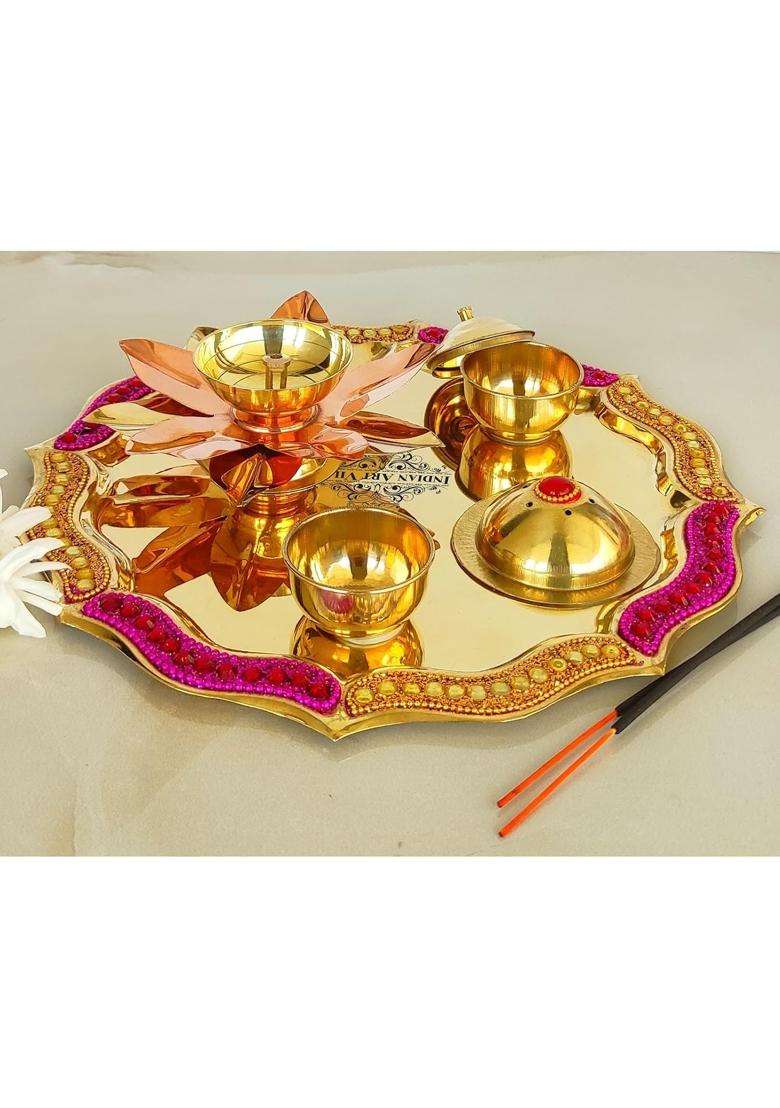 Indian ART Villa Brass Red Beaded Design Pooja Thali Aarti Thali for Home Temple Spiritual Gift Item Pack of 1 - Indya