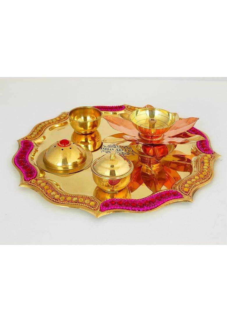 Indian ART Villa Brass Red Beaded Design Pooja Thali Aarti Thali for Home Temple Spiritual Gift Item Pack of 1 - Indya