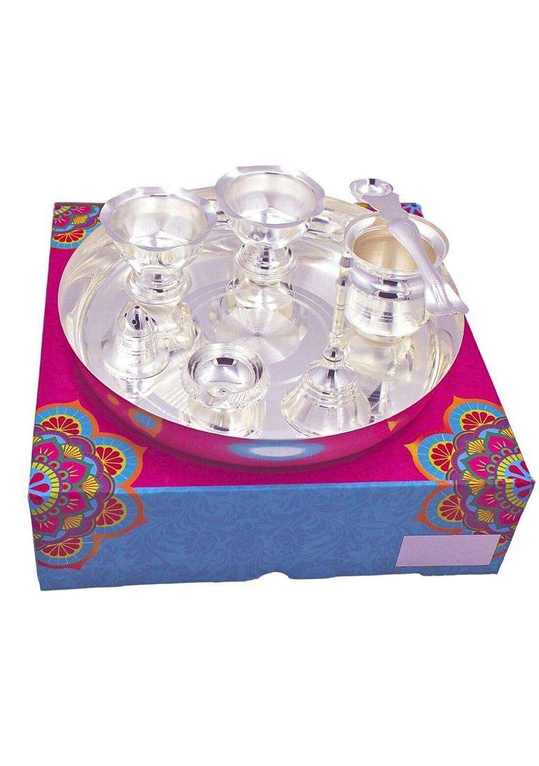 OJAS Silver Plated Pooja Thali Set for Gifting Guest Serving Return Gifting Occasionally Gifting - Indya