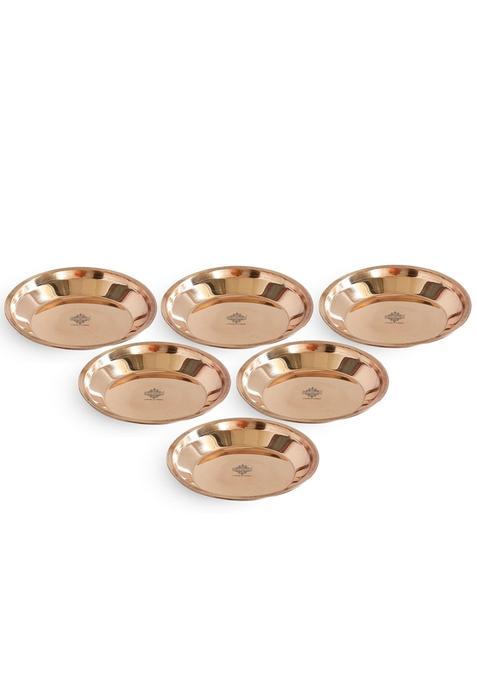 Indianartvilla Copper Pooja Thali Plate Poojan Purpose Spiritual Gift Item 6 Inch Each Set of 6