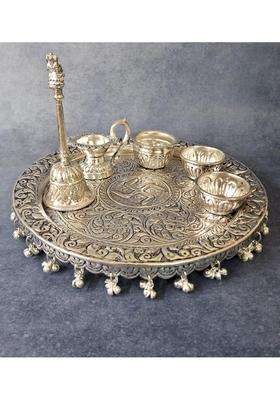 Homez Decor German Silver Hand Engraved Antique Finish Pooja Thali Set for Raksha Bandhan Set of 6