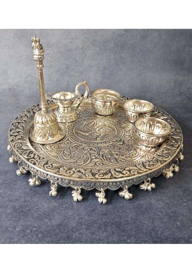 Homez Decor German Silver Hand Engraved Antique Finish Pooja Thali Set for Raksha Bandhan Set of 6 - Indya