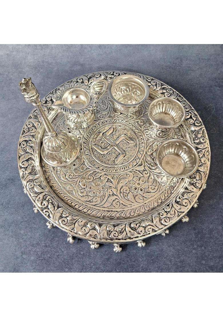 Homez Decor German Silver Hand Engraved Antique Finish Pooja Thali Set for Raksha Bandhan Set of 6 - Indya