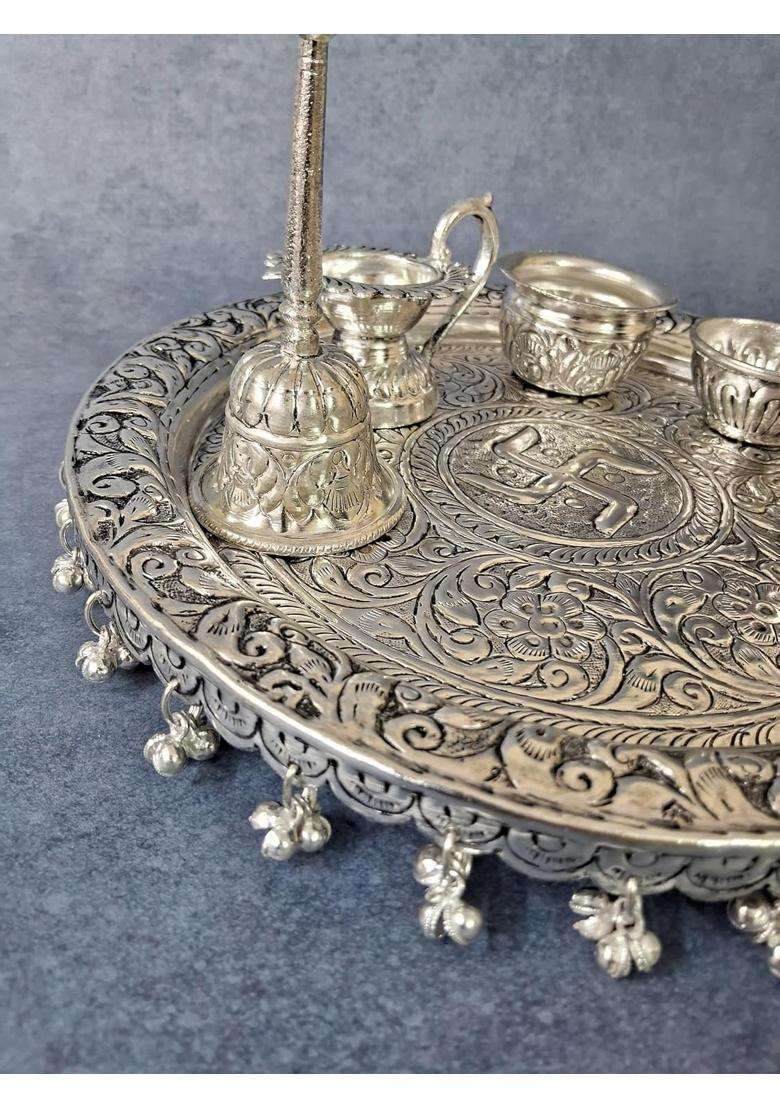 Homez Decor German Silver Hand Engraved Antique Finish Pooja Thali Set for Raksha Bandhan Set of 6 - Indya