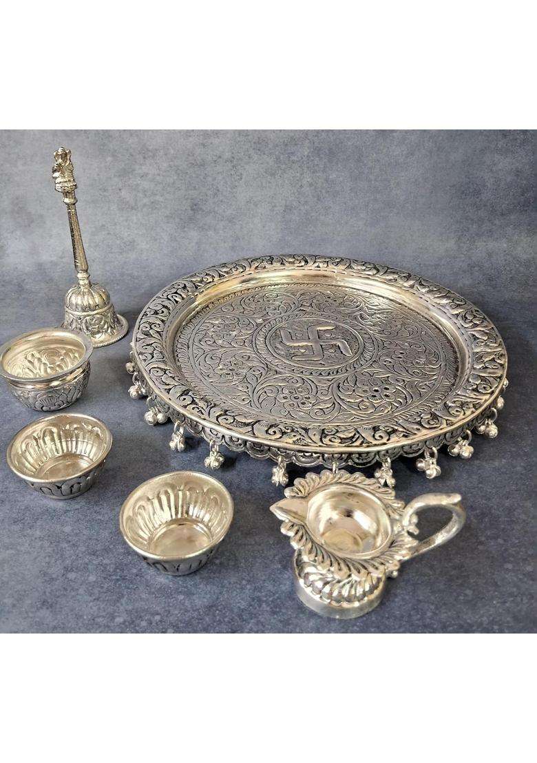 Homez Decor German Silver Hand Engraved Antique Finish Pooja Thali Set for Raksha Bandhan Set of 6 - Indya