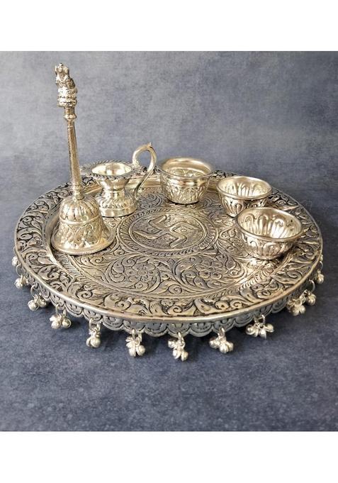 Homez Decor German Silver Hand Engraved Antique Finish Pooja Thali Set for Raksha Bandhan Set of 6