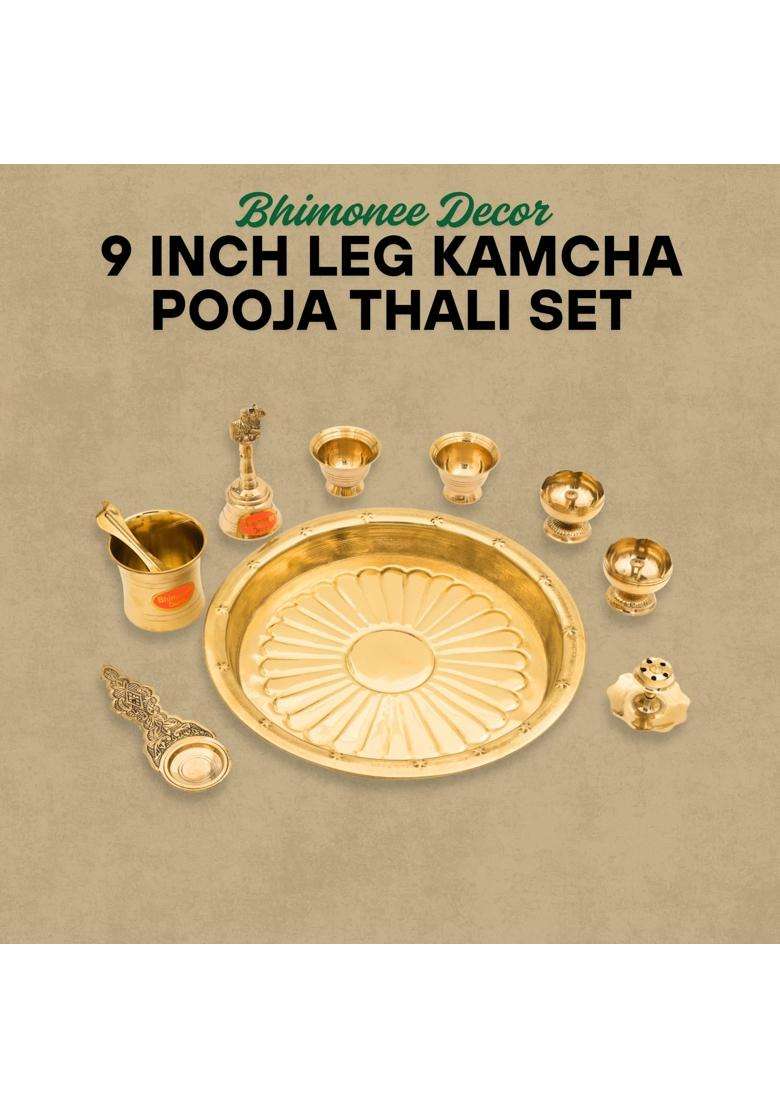 Bhimonee Decor Gold 9 Inch Brass Puja Thali Set 8 Pcs Traditional Pooja Plate with Diyas Bell Kalash - Indya