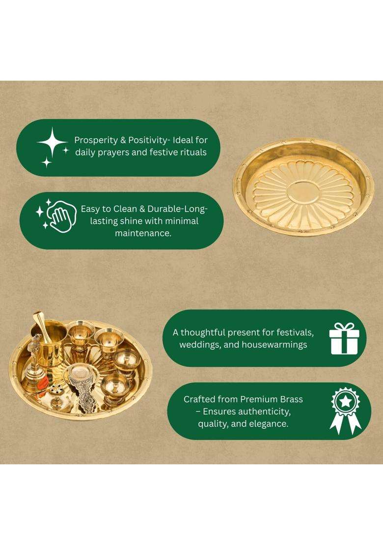 Bhimonee Decor Gold 9 Inch Brass Puja Thali Set 8 Pcs Traditional Pooja Plate with Diyas Bell Kalash - Indya