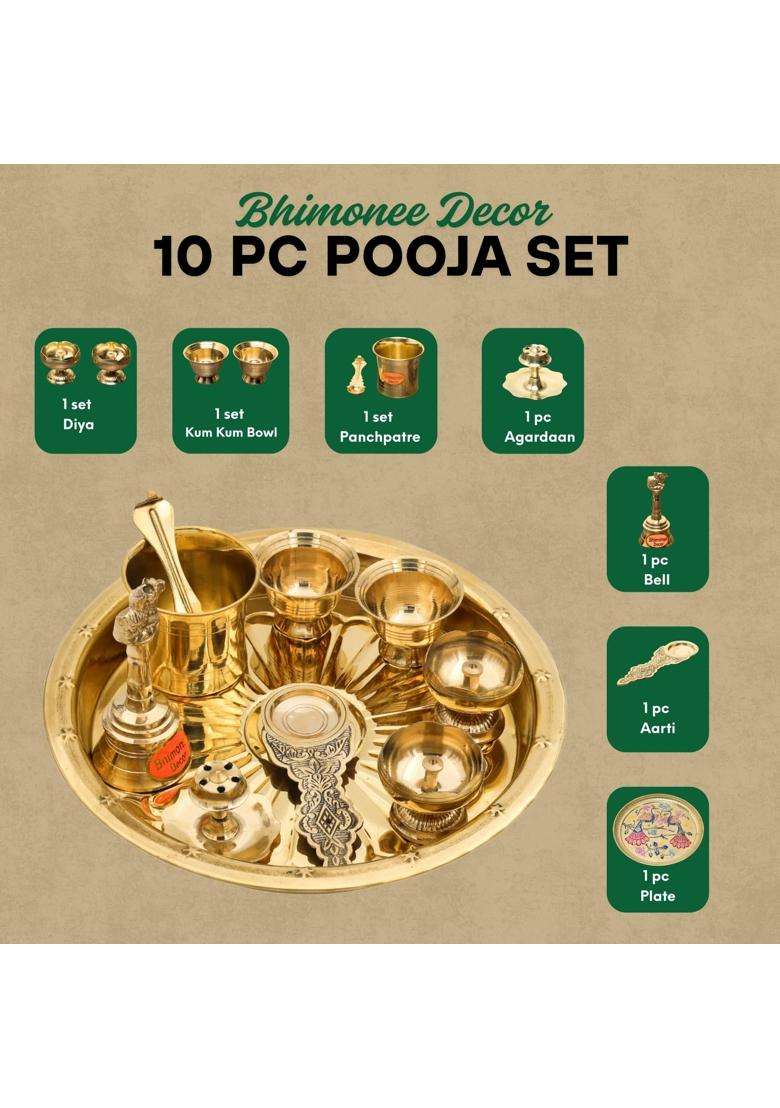 Bhimonee Decor Gold 9 Inch Brass Puja Thali Set 8 Pcs Traditional Pooja Plate with Diyas Bell Kalash - Indya