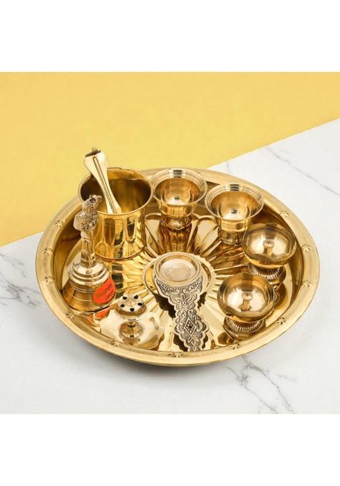 Bhimonee Decor Gold 9 Inch Brass Puja Thali Set 8 Pcs Traditional Pooja Plate with Diyas Bell Kalash