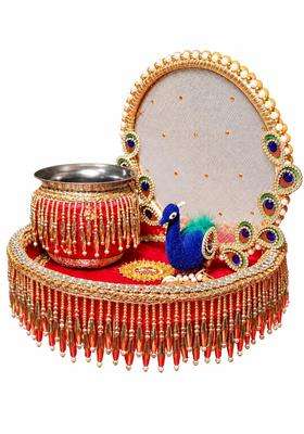 Karwa Chauth Pooja Thali Set with Chalni Lota and Peacock Designer Pooja Thali with Decorative Channi