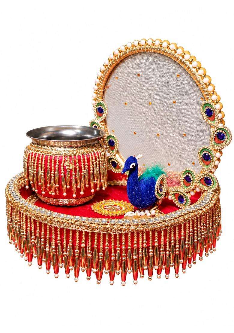 Karwa Chauth Pooja Thali Set with Chalni Lota and Peacock Designer Pooja Thali with Decorative Channi - Indya