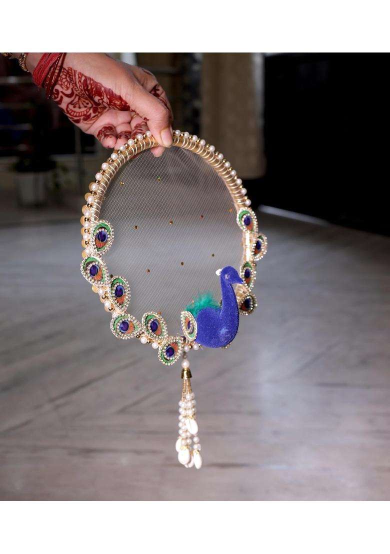 Karwa Chauth Pooja Thali Set with Chalni Lota and Peacock Designer Pooja Thali with Decorative Channi - Indya