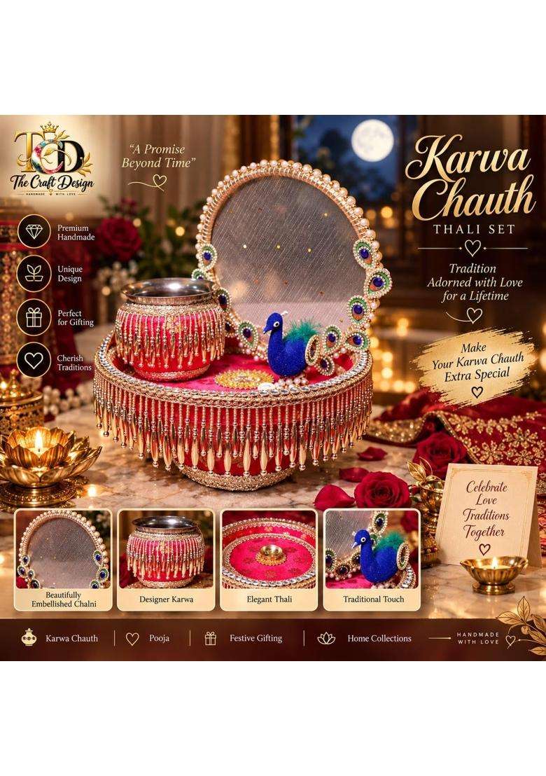 Karwa Chauth Pooja Thali Set with Chalni Lota and Peacock Designer Pooja Thali with Decorative Channi - Indya