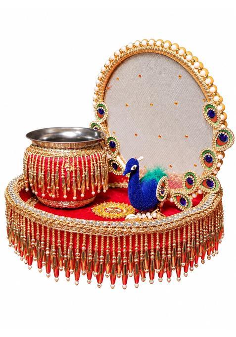 Karwa Chauth Pooja Thali Set with Chalni Lota and Peacock Designer Pooja Thali with Decorative Channi