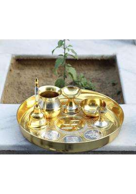 Indian Art Villa Pure Brass Pooja Thali Set with Silver Gold Ashtmangal Beeded Design Religious Spiritual Item