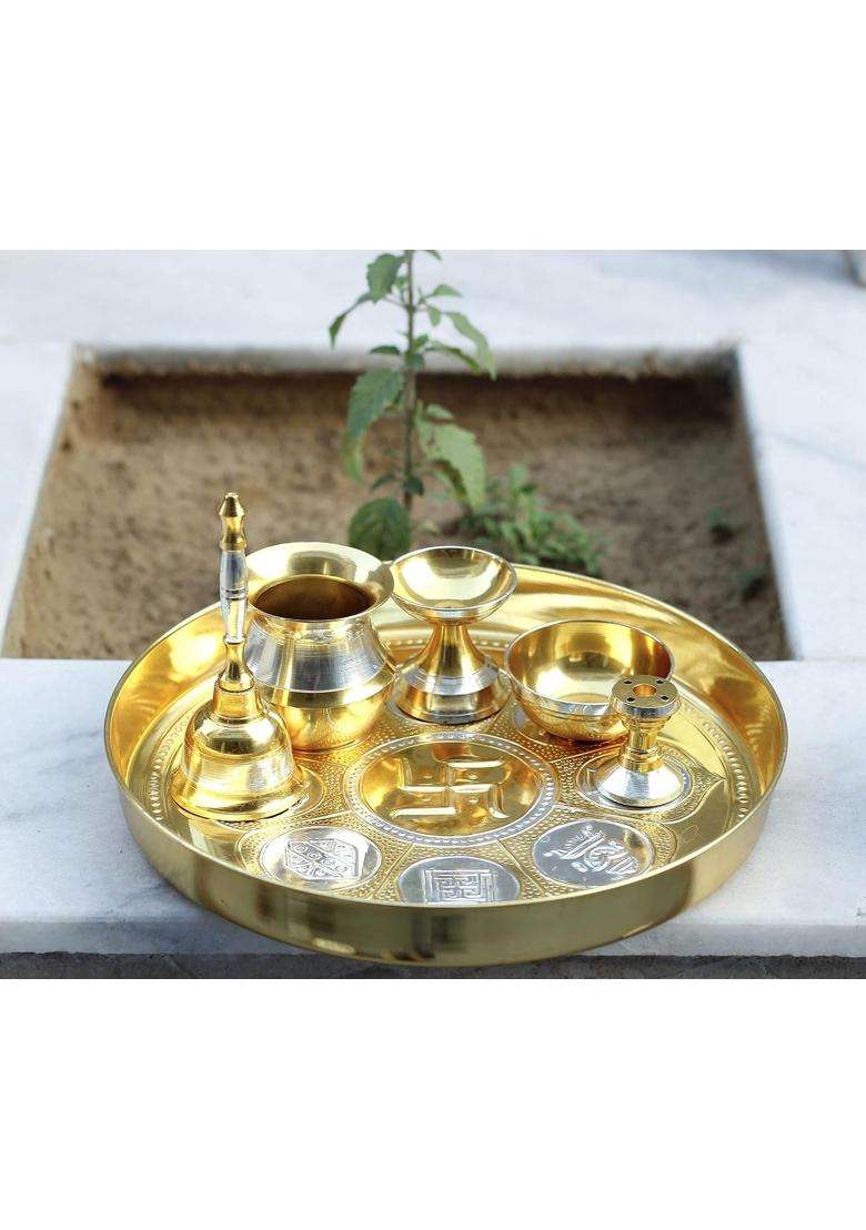 Indian Art Villa Pure Brass Pooja Thali Set with Silver Gold Ashtmangal Beeded Design Religious Spiritual Item - Indya