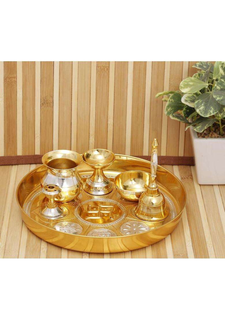 Indian Art Villa Pure Brass Pooja Thali Set with Silver Gold Ashtmangal Beeded Design Religious Spiritual Item - Indya