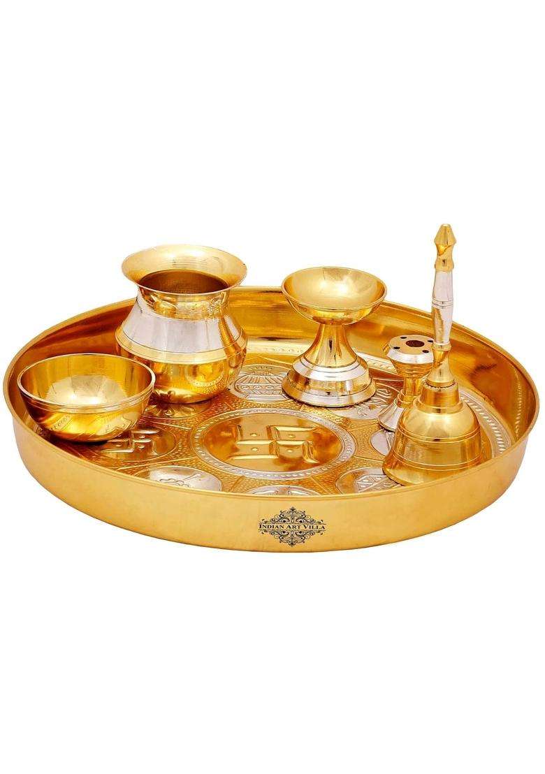 Indian Art Villa Pure Brass Pooja Thali Set with Silver Gold Ashtmangal Beeded Design Religious Spiritual Item - Indya