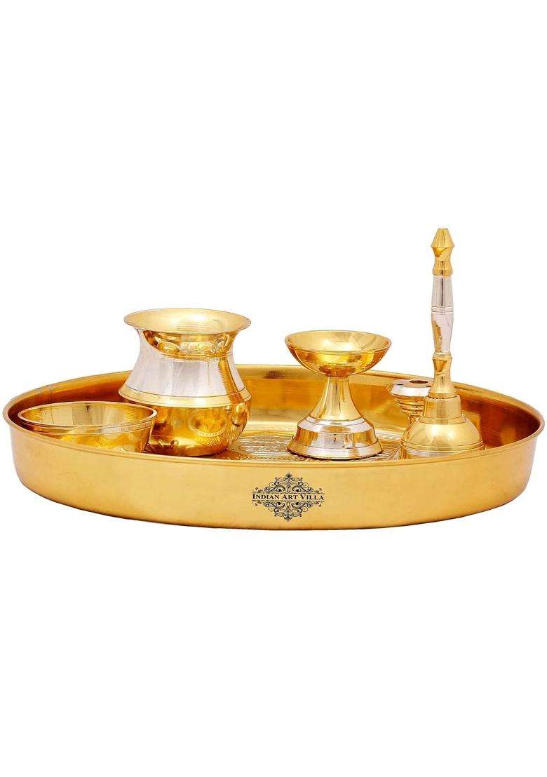 Indian Art Villa Pure Brass Pooja Thali Set with Silver Gold Ashtmangal Beeded Design Religious Spiritual Item - Indya